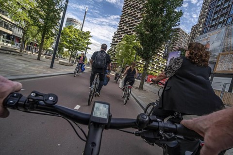 Cycle along the Jaarbeursplein, south of Utrecht Central, HBF, on the central cycle path in the