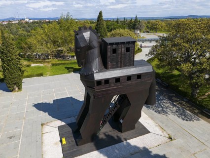 Large wooden sculpture of the Trojan Horse in an open setting, aerial view, Trojan Horse, Troy,