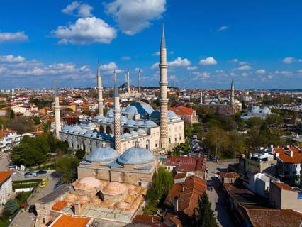 Large mosque with several minarets in an extensive urban landscape, aerial view, Mosque,
