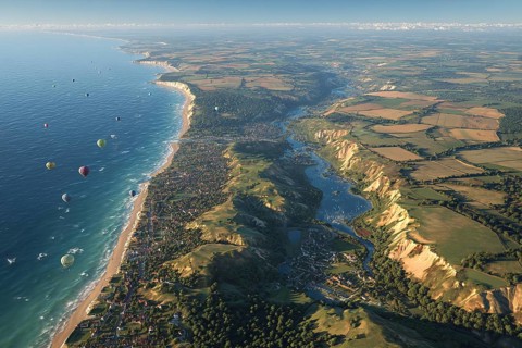 Many hot air balloons over the coast, numerous colourful balloons along a cliff at sunrise, flanked