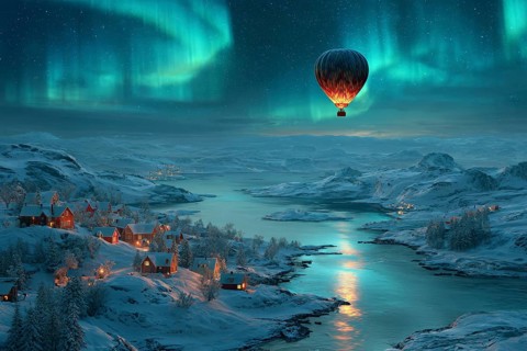 Hot air balloon under aurora borealis turquoise blue, over snowy fjord landscape with illuminated