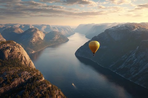 Hot air balloon, at sunrise over a calm fjord with reflecting water surface, snowy mountain ranges