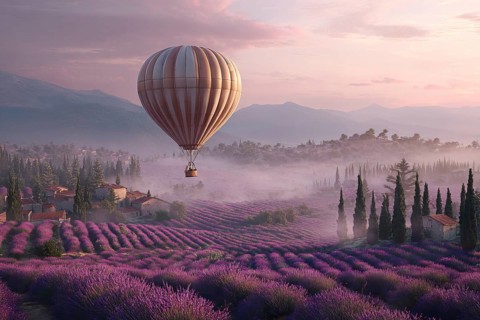 Hot air balloon, early morning over a purple blooming lavender field in rolling hills, light ground