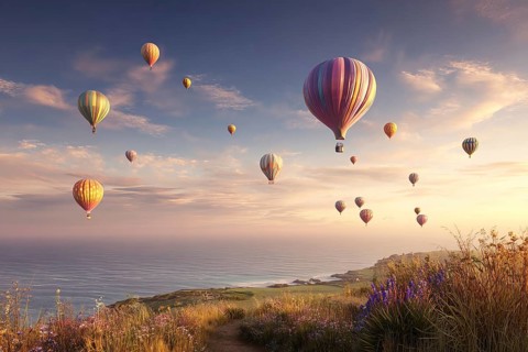 Several hot-air balloons, in pastel colours in calm weather over a rugged coastline with rough