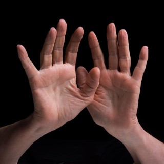 Two hands are raised and positioned in a distinctive gesture, highlighting their textures and