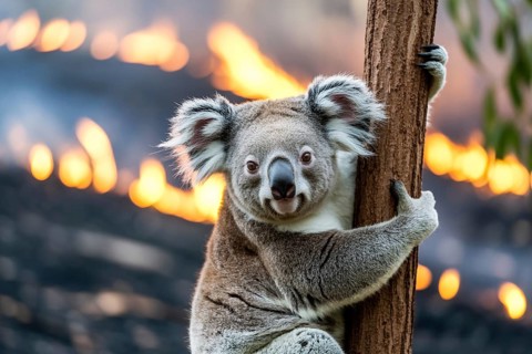 Koala bear clinging to tree with burning forest fire in blurry background. Wildlife endangered by