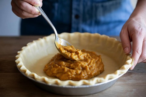 Woman filling homemade pumpkin pie crust with spoon in cozy kitchen scene. Generative AI, AI