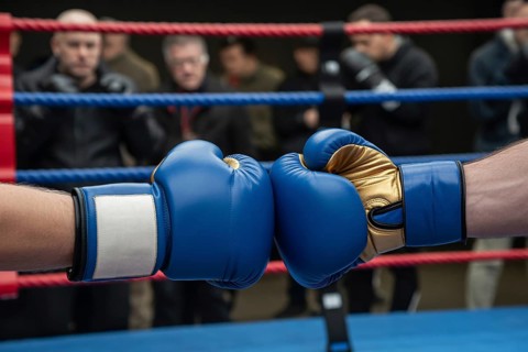 Blue boxer's gloved hands touching fists before a spar. Generative ai, AI generated