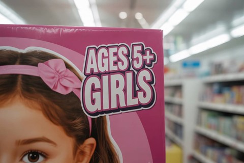 Close-up of Ages 5+ Girls text on pink toy packaging highlighting color gender coding. Generative