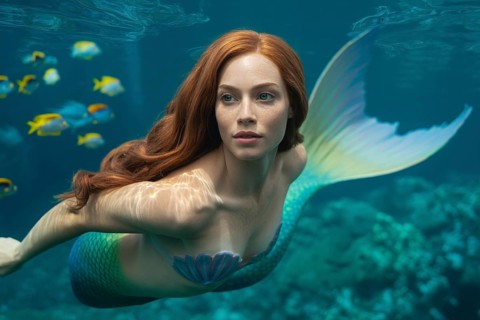 Beautiful red haired mermaid swimming underwater with tropical fish in blue ocean. Generative ai,
