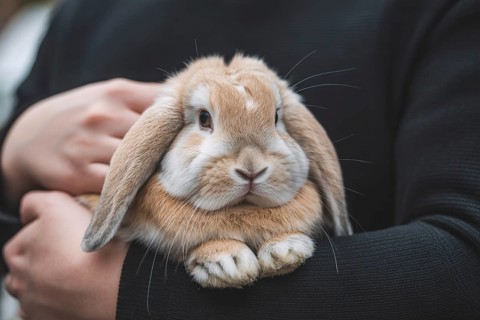 Person holding lop-eared pet bunny in arms. Symbol of gentle pet companionship and animal care.