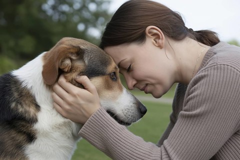 Woman holding dog with foreheads touching. Tender moment of emotional connection between human and
