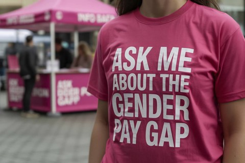 Woman in pink shirt with gender pay gap message at street info booth. Public advocacy for economic