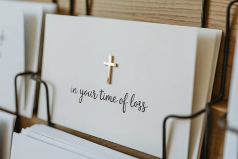 Clos eup of condolence card with In your time of loss text and religious cross displayed in a card