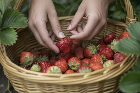 Hands placing fresh strawberries into a basket. Concept for harvest, organic farming, and healthy