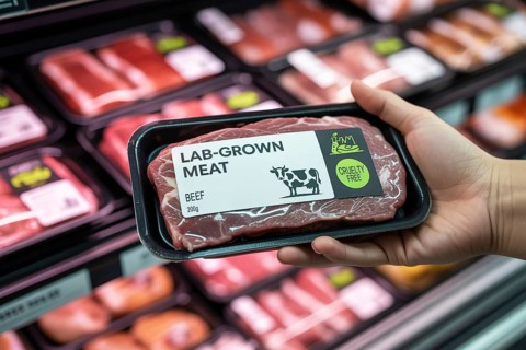 Hand holding package of lab-grown beef meat in supermarket. Concept of cruelty-free advanced vegan