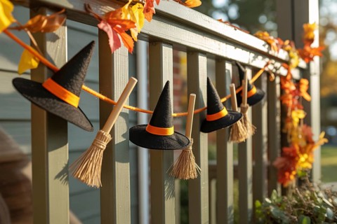 Cute Halloween garland with tiny felt witches' hats and broomsticks on wooden porch railing