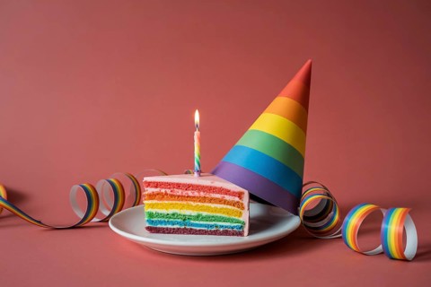 Slice of rainbow birthday cake with party hat and streamers on bright red background. Generative