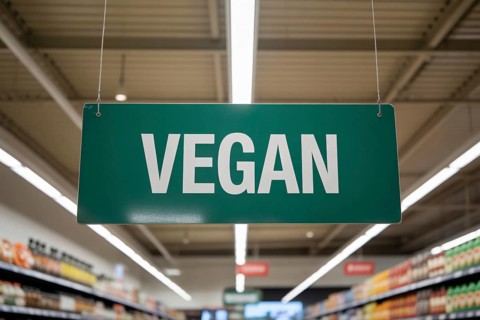 Supermarket aisle with bold green Vegan sign hanging from ceiling promoting plant-based options.