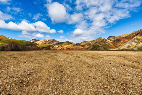Volcanic landscape, colourful rhyolite mountains, Cumulus, Landmannalaugar, remote hiking area in