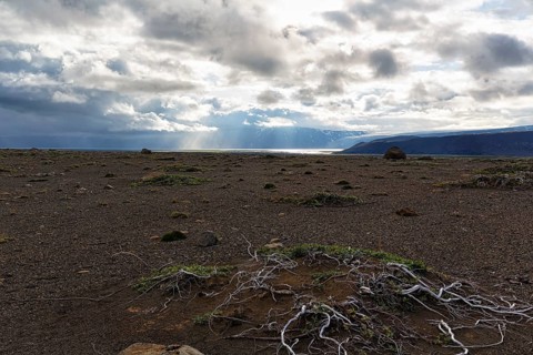 Barren stony volcanic landscape at Kjalvegur Kjölur, sparse vegetation, dramatic cloudy sky,