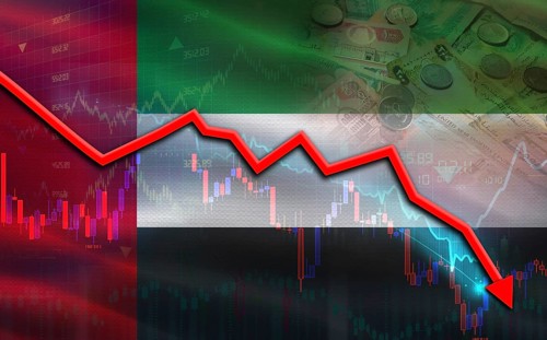 United Arab Emirates financial fall on economy market. United Arab Emirates financial crisis on
