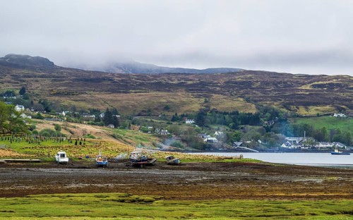 Farms over Loch Harport, Drynoch, Isle of Skye, Scotland, UK