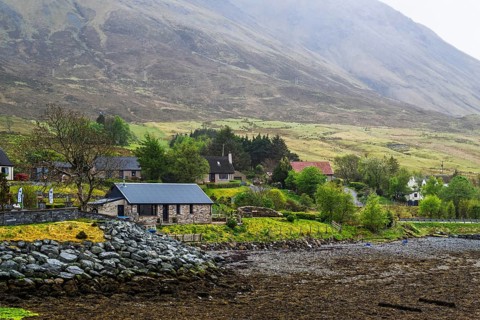 Farms over Loch Sligachan, Sligachan, Isle of Skye, Scotland, UK