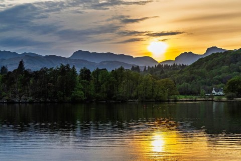Sunset over Windermere Lake, Ambleside, Lake District, Cumbria, England, United Kingdom