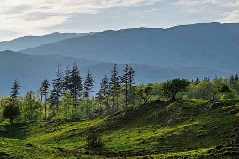 Mountains in Lake District National Park over Coniston Water, Cumbria, England, United Kingdom