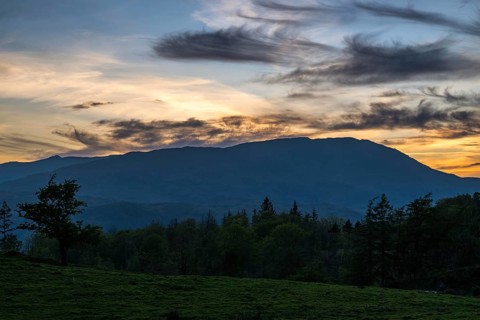 Sunset over Mountains in Lake District National Park over Coniston Water, Cumbria, England, United