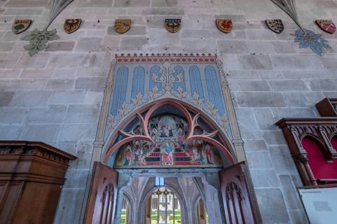 Painting c. 1335, Mary as the Throne of Solomon in the arched area above the exit door of the