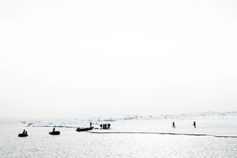 Zodiac with guides lands, Ice Edge, Sea, Spitsbergen, Svalbard