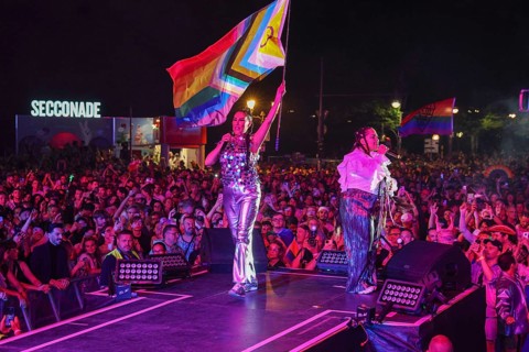 Bahar Kizil and Senna Gammour from the band Monrose at the 47th Christopher Street Day under the
