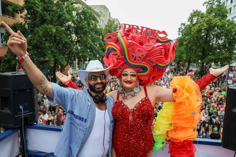 Michelle de la Rose (right) together with a DJ on one of the floats at CSD Berlin under the motto -