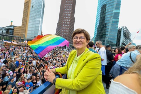 Saskia Esken (former SPD party chairwoman) on one of the floats at the 47th Christopher Street Day