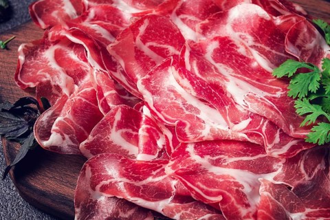 Sliced cured ham, prosciutto, italian dish, delicacy, parma ham, top view, no people