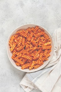 Fusilli pasta dish, made with tomato sauce, homemade, no people