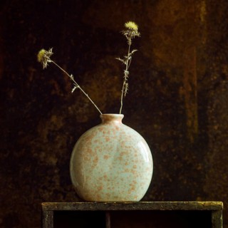 Dried thistles stand elegantly in a ceramic jar, showcasing natural beauty against a warm, textured