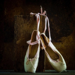 Delicate ballet shoes are placed on a wooden block, showcasing their soft texture and ribbons. The
