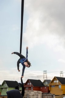Aerial acrobatics, girls, catch for King Harald as part of the end of coal mining, Longyearbyen,