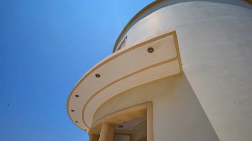 Theatre, Cinema, Round detail of a modern building architecture under a clear blue sky, Armando