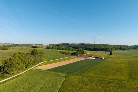 Farm, green fields stretch out under a blue sky, with wind turbines in the distance, near