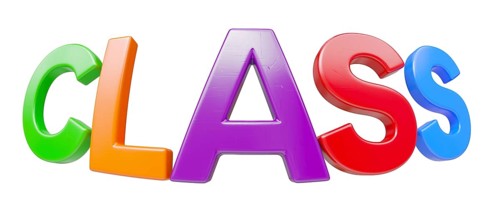 Plastic magnetic letters with fisheye lens spelling the word class isolataed on a white background