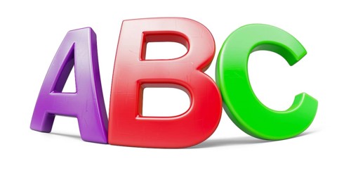 Plastic magnetic letters ABC with fisheye lens and drop shadow isolataed on a white background