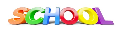Low angle plastic magnetic letters with drop shadow spelling the word school isolated on a white