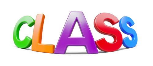 Plastic magnetic letters with fisheye lens and drop shadow spelling the word class isolataed on a