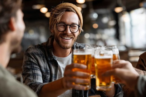 Cheerful man and his friends toast with beer while gathering in bar for the celebration event, AI
