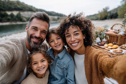 Cheerful happy family taking selfie on picnic on a family vacation day, AI generated