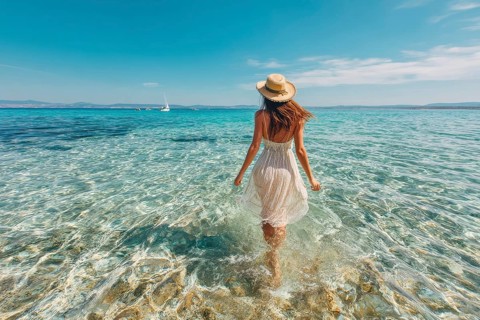 Caucasian model going into clear ocean water on summer vacation, AI generated
